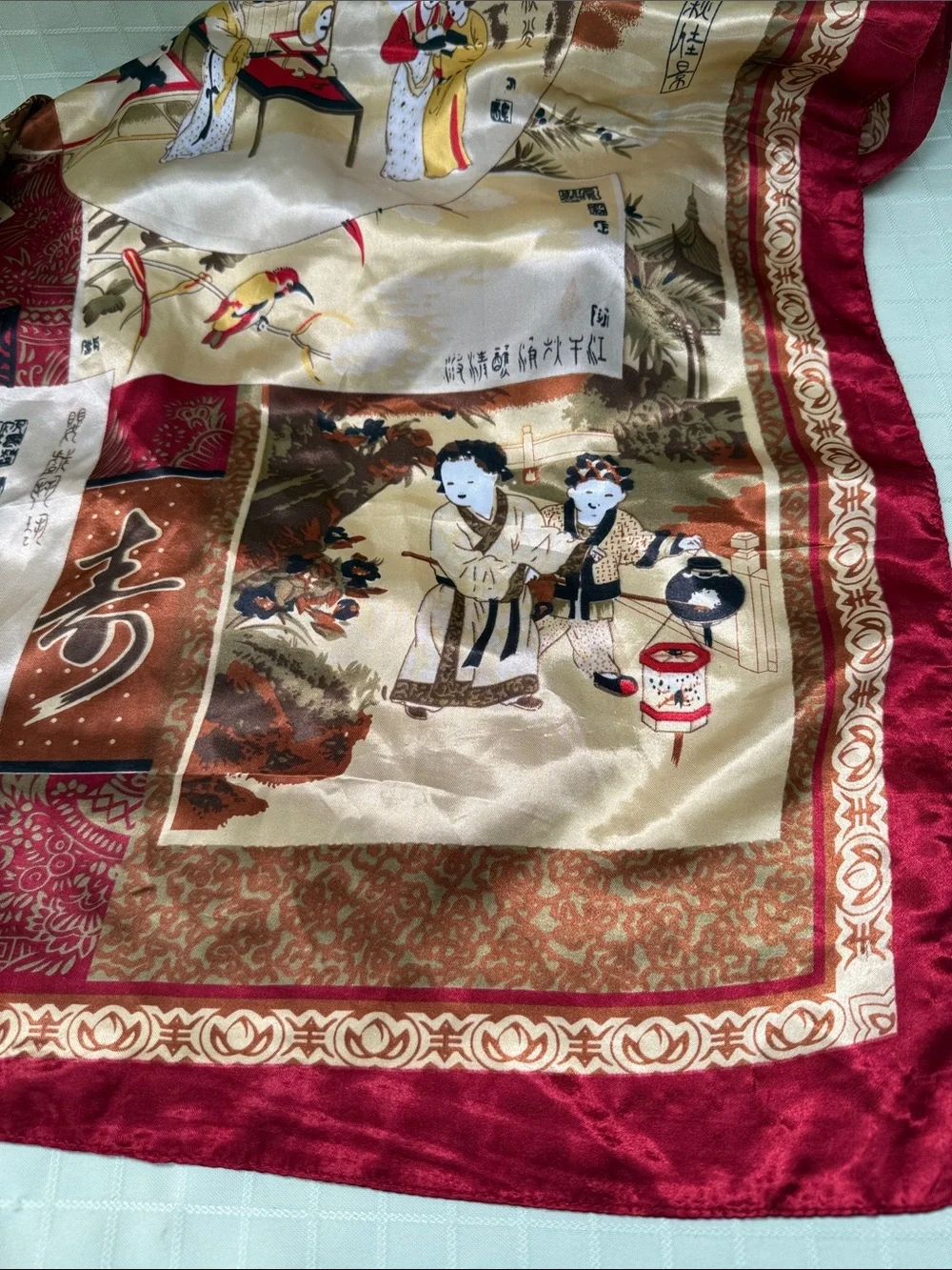 Vintage Silk Burgundy & Beige Printed Large Scarf